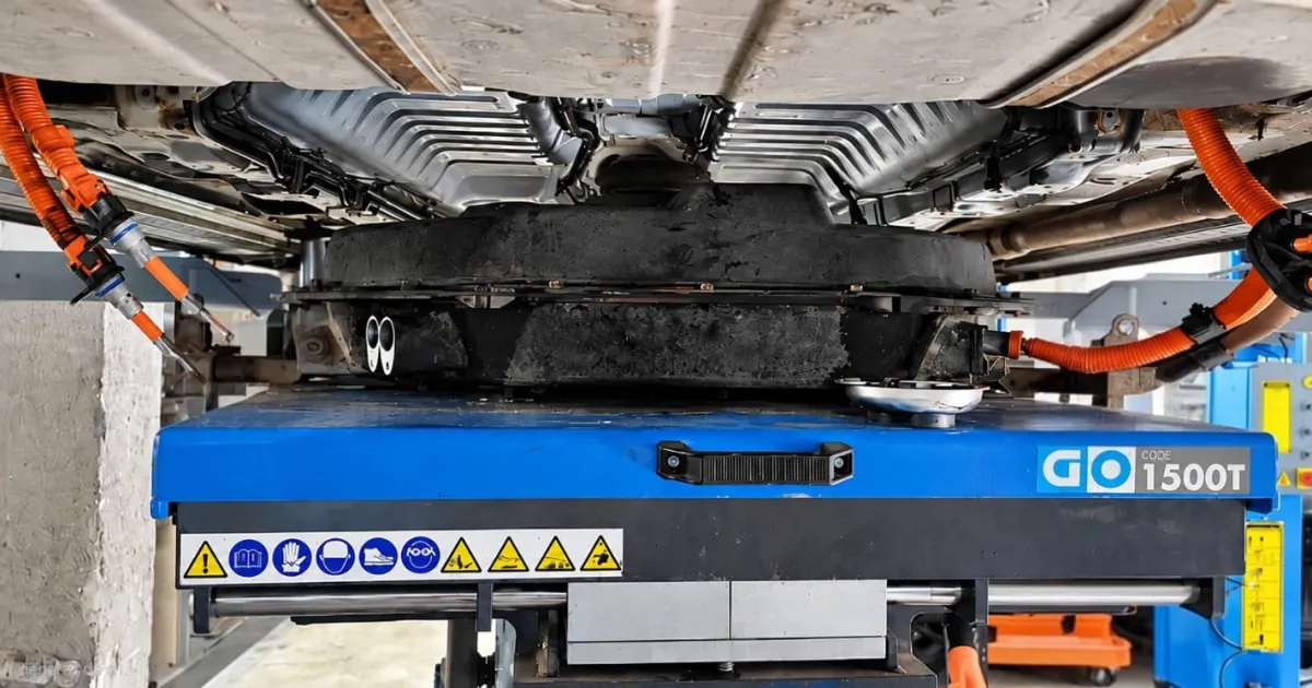 Bateria unui Mitsubishi Outlander PHEV coborâtă pe masa hidraulică, în atelierul EV Hybrid Service